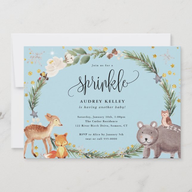 Invitación Winter Woodland Animales Baby Sprinkle Shower Blue (Anverso)