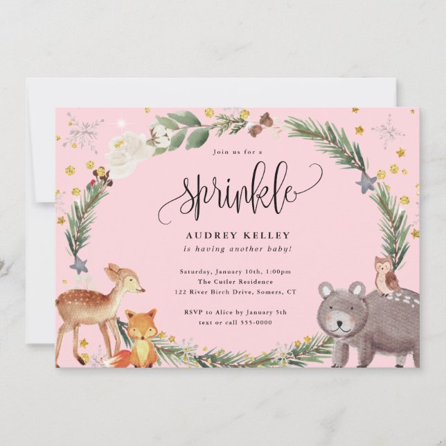 Invitación Winter Woodland Animales Baby Sprinkle Shower Pink (Anverso)