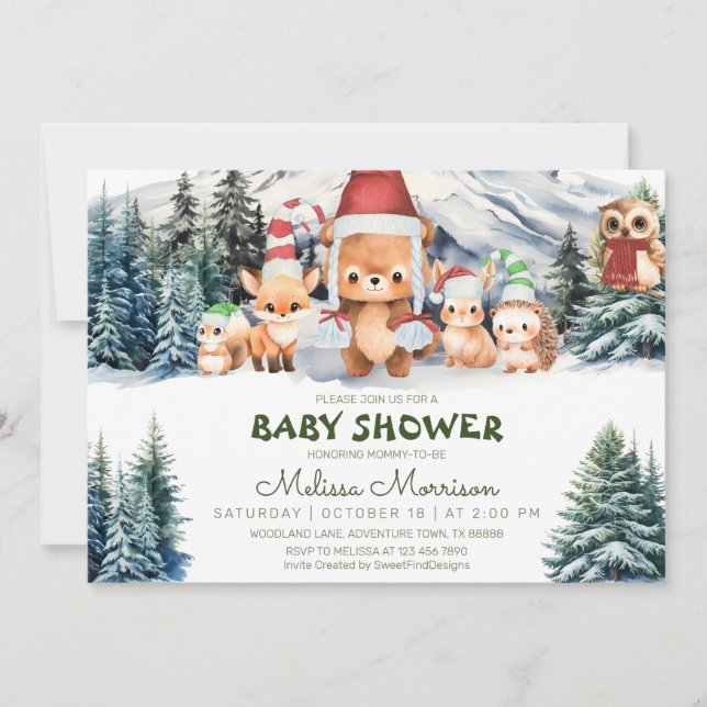 Invitación Winter Woodland Animals Baby Boy Shower (Anverso)