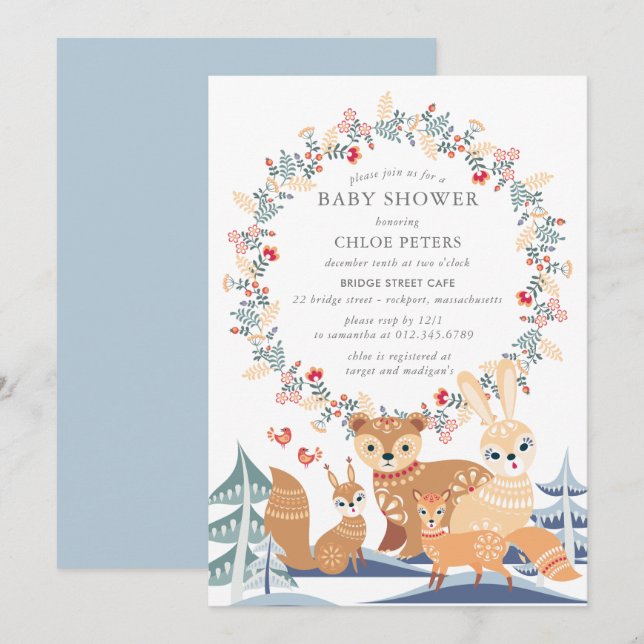 Invitación Winter Woodland Animals Baby Shower (Anverso / Reverso)