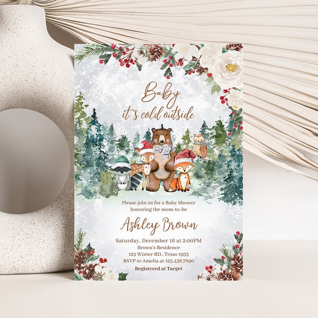 Invitación Winter Woodland Animals Baby Shower (Woodland Winter Baby Shower Invitation)