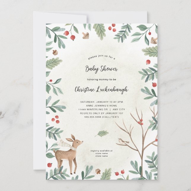 Invitación Winter Woodland Animals Baby Shower (Anverso)