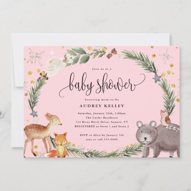 Invitación Winter Woodland Animals Baby Shower Pink (Anverso)