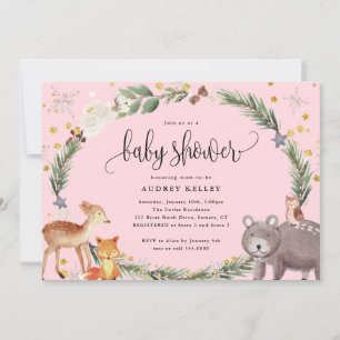 Invitación Winter Woodland Animals Baby Shower Pink