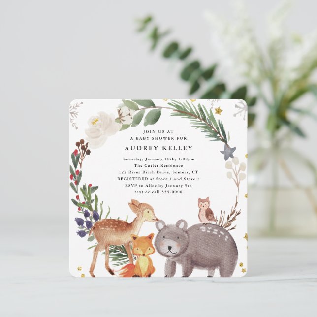 Invitación Winter Woodland Animals Baby Shower Square (Anverso de pie)