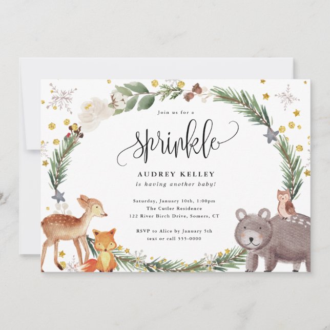 Invitación Winter Woodland Animals Baby Sprinkle Shower (Anverso)