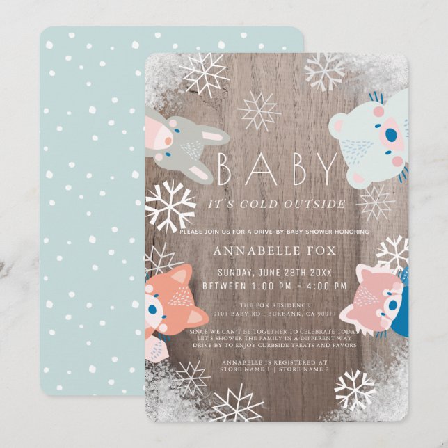 Invitación Winter Woodland Animals Blue Drive-by Baby Shower (Anverso / Reverso)