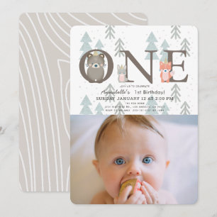 Invitación Winter Woodland Animals Foto Primer cumpleaños