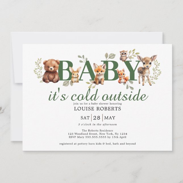 Invitación Winter Woodland Animals Sage Greenery Baby Shower (Anverso)