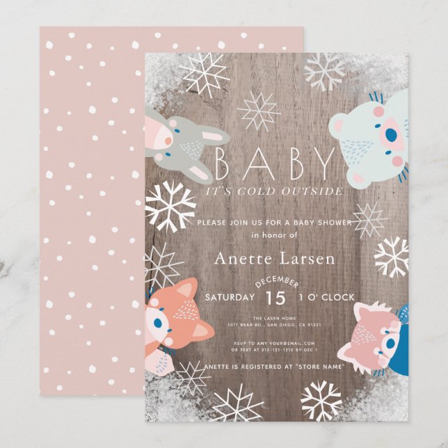 Invitación Winter Woodland Animals Snowflake Baby Shower (Anverso / Reverso)