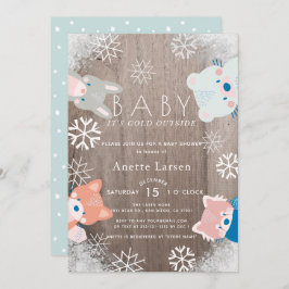 Invitación Winter Woodland Animals Snowflake Blue Baby Shower