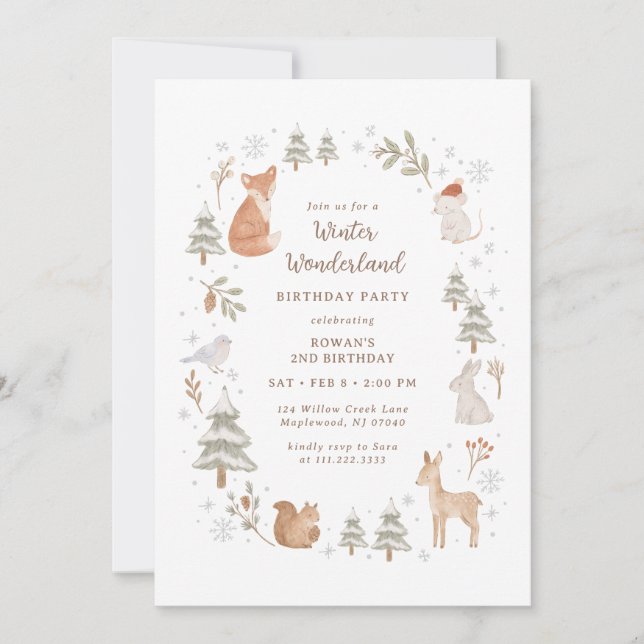 Invitación Winter Woodland Animals Wonderland Birthday (Anverso)