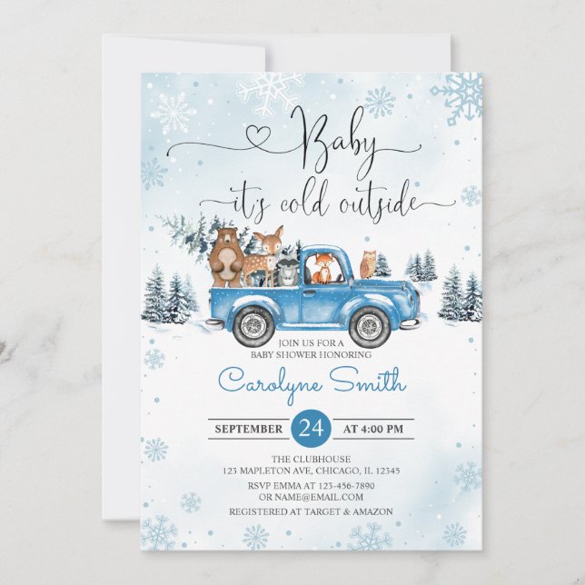 Invitación Winter Woodland Blue Truck Baby Shower (Anverso)