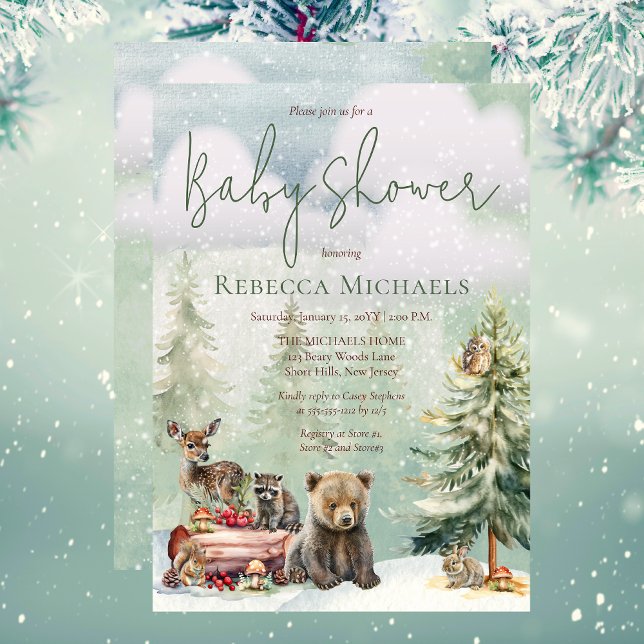 Invitación Winter Woodland Forest Animals Baby Shower (Winter Woodland Forest Animals Baby Shower Invitation)