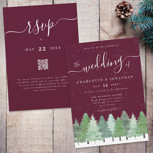 Invitación Winter Woodland Forest Burgundy Boda Qr Code (Winter Woodland forest watercolor sage green and white wedding qr code invitation Elegant romantic)