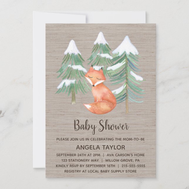 Invitación Winter Woodland Fox Baby Shower (Anverso)