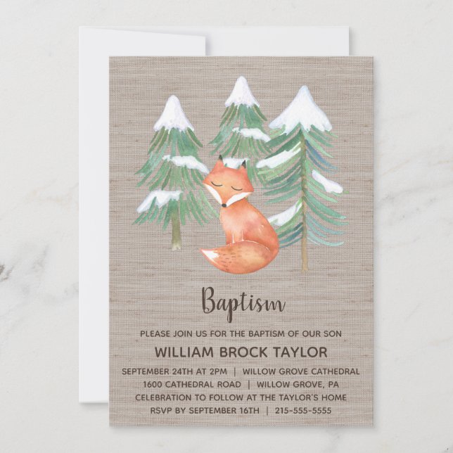 Invitación Winter Woodland Fox Baptism (Anverso)