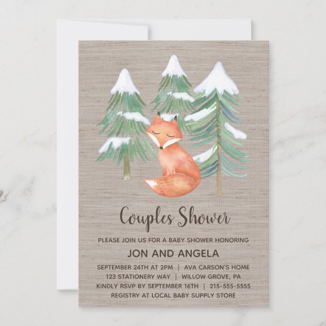 Invitación Winter Woodland Fox Couples Baby Shower (Anverso)