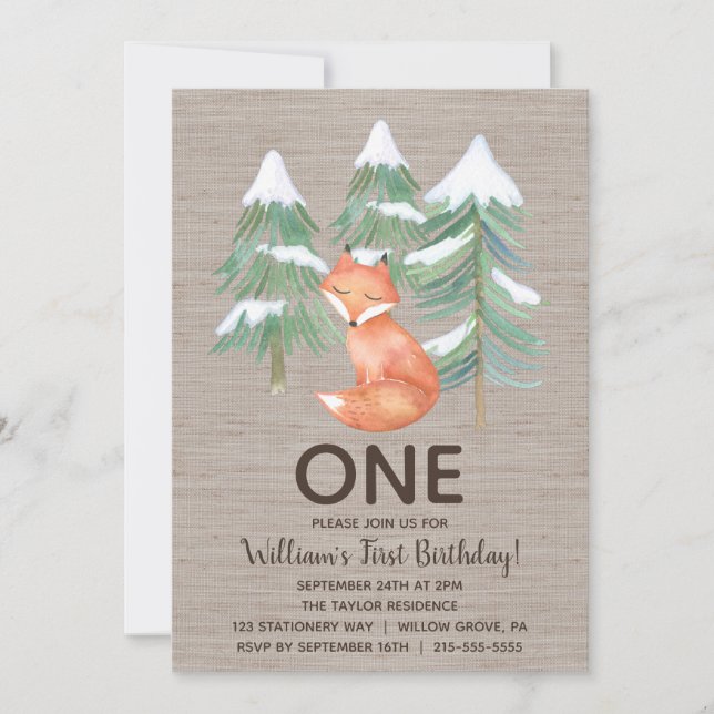 Invitación Winter Woodland Fox Primera fiesta de cumpleaños (Anverso)