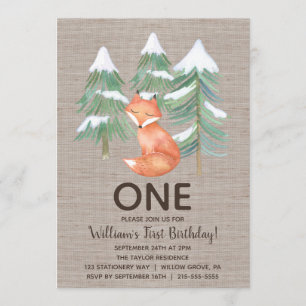 Invitación Winter Woodland Fox Primera fiesta de cumpleaños
