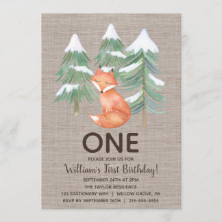 Invitación Winter Woodland Fox Primera fiesta de cumpleaños
