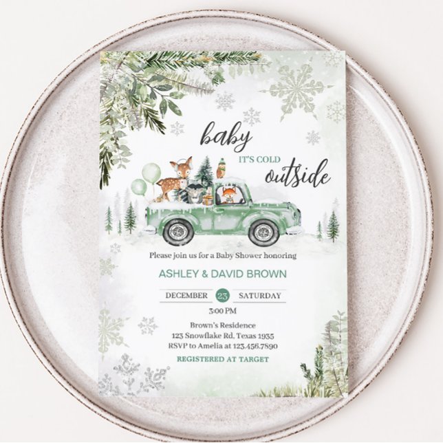 Invitación Winter Woodland Green Truck Baby Shower (Sage Green Winter Truck Baby Shower Invitation)