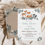 Invitación Winter Woodland Greenery Baby Shower<br><div class="desc">Esta encantadora invitación incluye animales de bosque en la nieve con un frondoso borde de pino.</div>