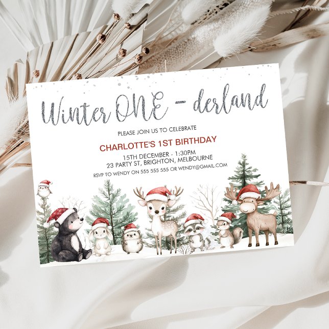 Invitación Winter Woodland Onederland Primer cumpleaños (Winter Onederland 1st Birthday Invitation, Woodland Animals, Christmas Season First Birthday Invite)
