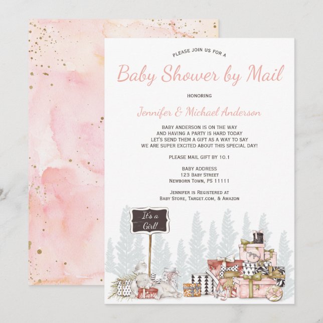Invitación Winter Woodland Pink Bunny Baby Shower Por Correo (Anverso / Reverso)