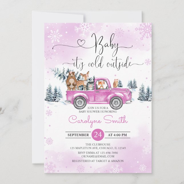 Invitación Winter Woodland Pink Truck Baby Shower (Anverso)