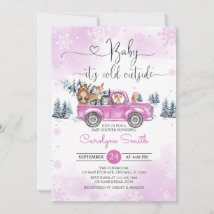 Invitación Winter Woodland Pink Truck Baby Shower