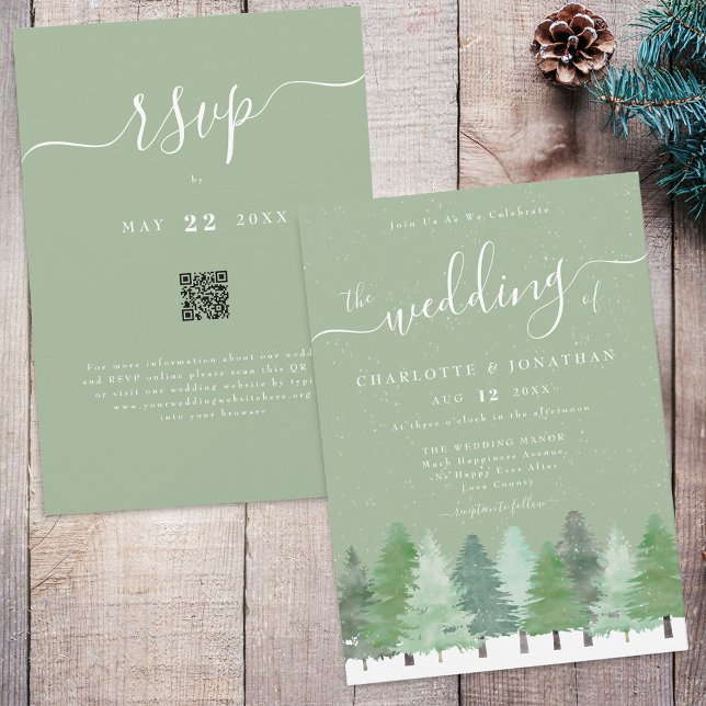 Invitación Winter Woodland Sage Green Boda QR Code (Winter Woodland forest watercolor sage green and white wedding qr code invitation)