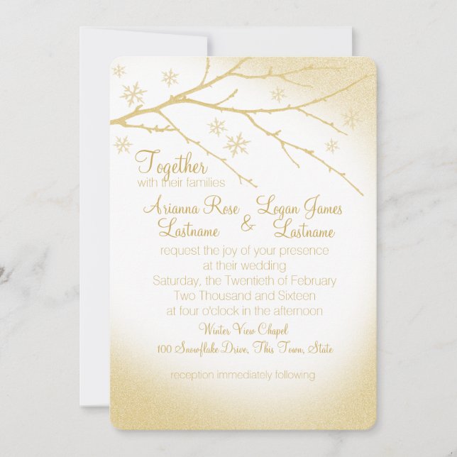 Invitación Winter Woodland Snowflakes Gold Boda (Anverso)