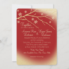 Invitación Winter Woodland Snowflakes Red and Gold Boda
