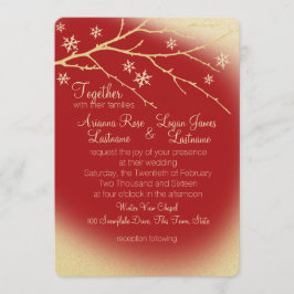 Invitación Winter Woodland Snowflakes Red and Gold Boda