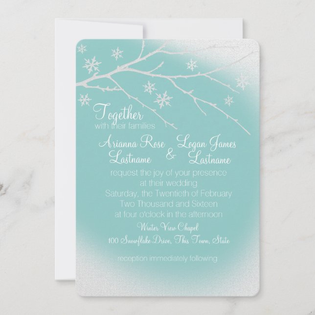 Invitación Winter Woodland Snowflakes Silver Gray and Aqua (Anverso)