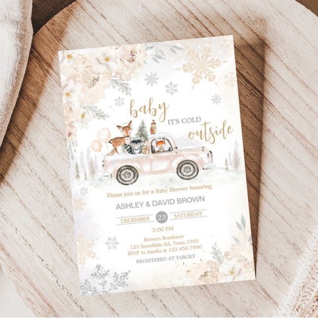 Invitación Winter Woodland Truck Baby Shower (Woodland Winter Truck Baby Shower Invitation)