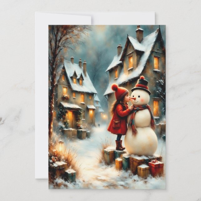 Invitación Winterliche Dorfszene mit Mädchen und Schneemann (Anverso)