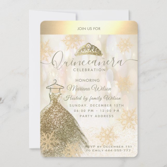 Invitación Winwonderland Bokeh de copos de nieve de oro Quinc (Anverso)