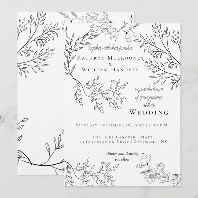 Invitación Wispy Black Floral Outlines sobre Kraft Boda (Anverso / Reverso)