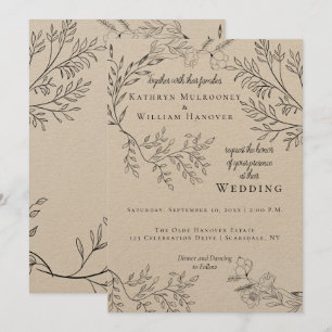 Invitación Wispy Black Floral Outlines sobre Kraft Boda
