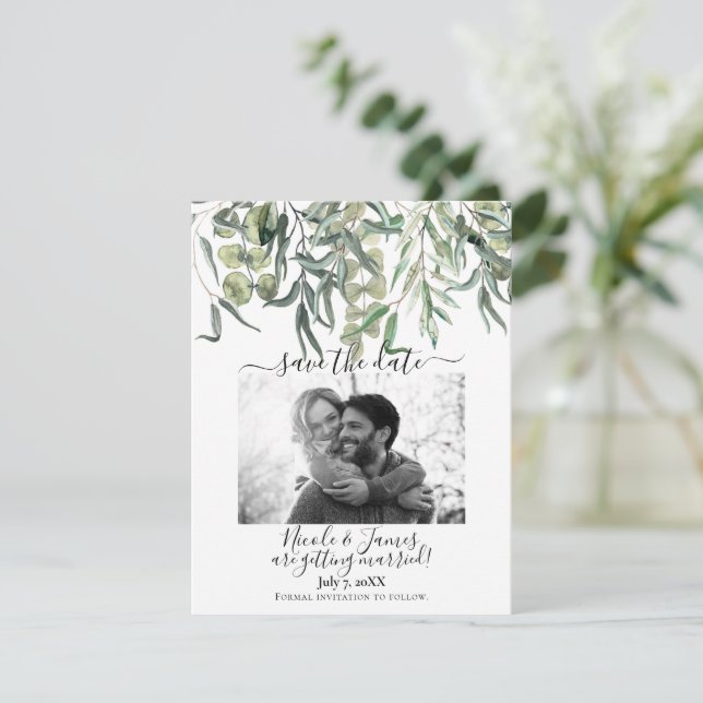 Invitación Wispy Eucalyptus Greenery Wedding Save the Date (Anverso de pie)
