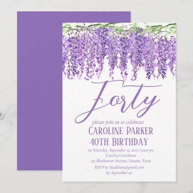 Invitación Wisteria 40 cumpleaños Violeta Morada Floral (Anverso / Reverso)