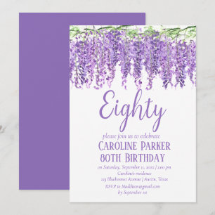 Invitación Wisteria 80 cumpleaños Violeta Morada Floral