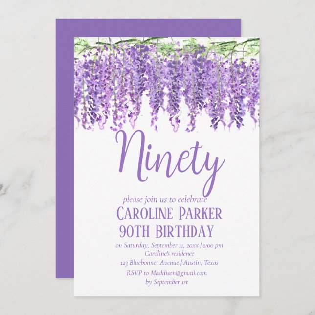 Invitación Wisteria 90 cumpleaños Violeta Morada Floral (Anverso / Reverso)