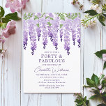 Invitación Wisteria acuarela 40 y fabulosa Moda floral<br><div class="desc">La Wisteria Forty & Fabulous Moda floral incluye elegantes flores de glicinia de color agua en lavanda suave y morado con hojas verdes sobre un fondo blanco con su información de 40 cumpleaños a continuación. Personalice editando el texto en los cuadros de texto proporcionados. Diseñado para usted por ©2024 Evco...</div>
