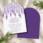 Invitación Wisteria acuarela 40 y fabulosa Moda floral<br><div class="desc">La Wisteria Forty & Fabulous Moda floral incluye elegantes flores de glicinia de color agua en lavanda suave y morado con hojas verdes sobre un fondo blanco con su información de 40 cumpleaños a continuación. Personalice editando el texto en los cuadros de texto proporcionados. Diseñado para usted por ©2024 Evco...</div>