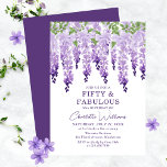 Invitación Wisteria acuarela 50 y fabulosa Moda floral<br><div class="desc">La Wisteria de color agua Fifty & Fabulous Floral Moda presenta una elegante histeria de color agua con flores en lavanda suave y morado con hojas verdes sobre un fondo blanco con su información de invitación de 50 años a continuación. Personalice editando el texto en los cuadros de texto proporcionados....</div>