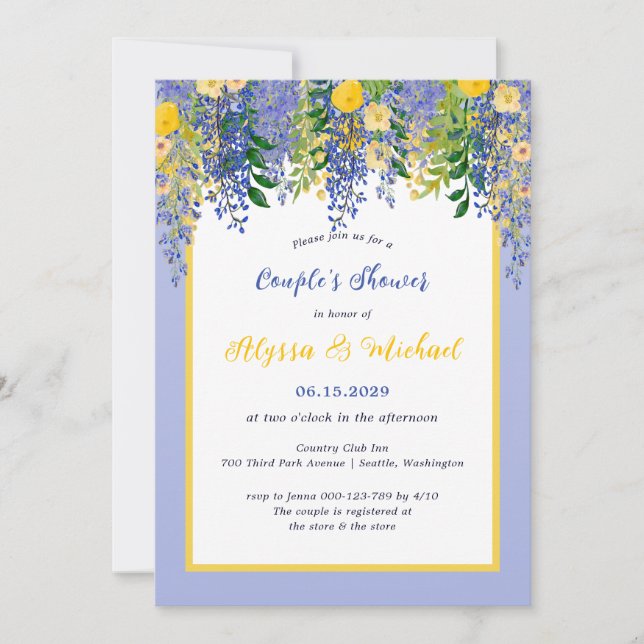 Invitación Wisteria acuarela Ducha de Pareja Floral (Anverso)