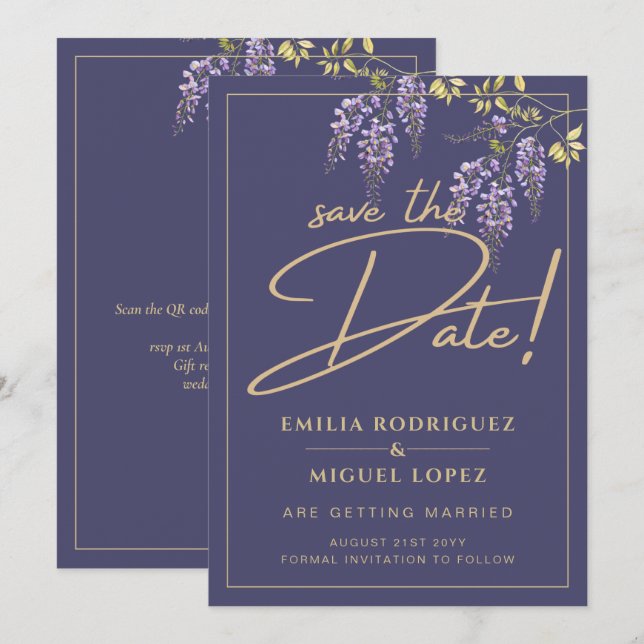 Invitación Wisteria Dusty Purple Gold Wedding Salva la fecha (Anverso / Reverso)